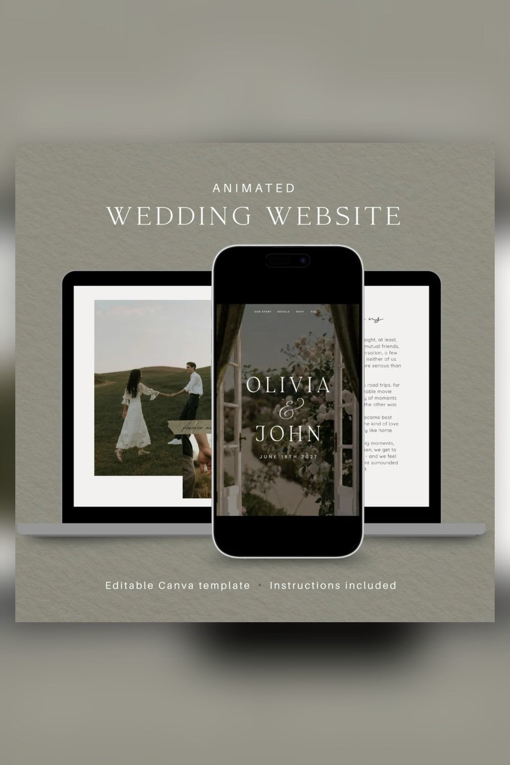 Olive green countryside wedding website template for Canva, shown on a laptop and phone. Editable, with online RSVP, registry and music.