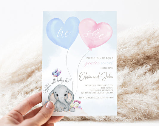 floral, boho, blue and pink gender reveal invite for a personalized celebration
