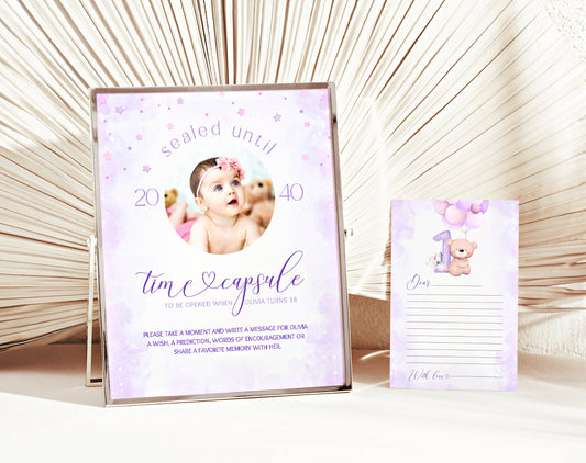 Preview of pastel teddy bear 1st birthday girl time capsule set