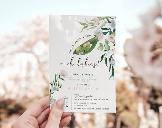 twin, floral, blue and green baby shower invite for a personalized celebration