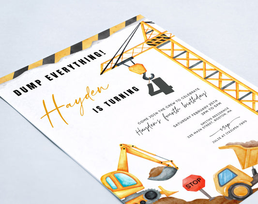 4th birthday, excavator and boho birthday boy invite for a personalized celebration