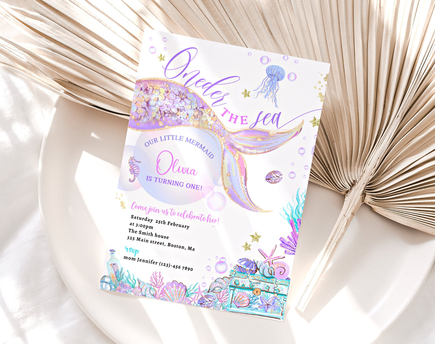 Pastel Under the Sea Mermaid 1st Birthday Invitation, editable Canva template