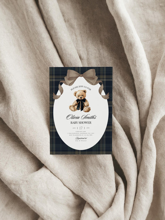 teddy bear, gingham and vintage baby shower invite for a personalized celebration