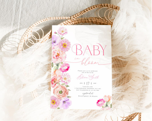 Pink wildflower baby shower invite with soft floral design