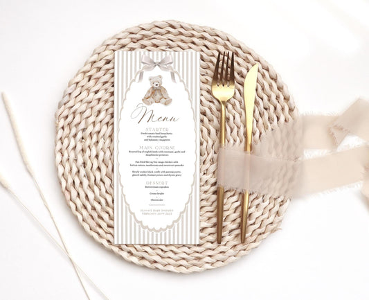 teddy bear, neutral and oh boy baby shower menu template for printable table decor
