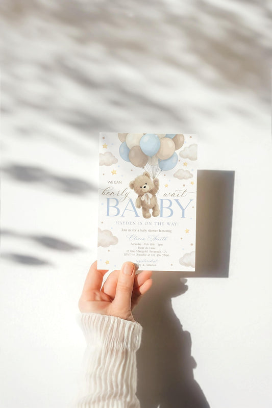 oh boy, teddy bear and blue baby shower invite for a personalized celebration