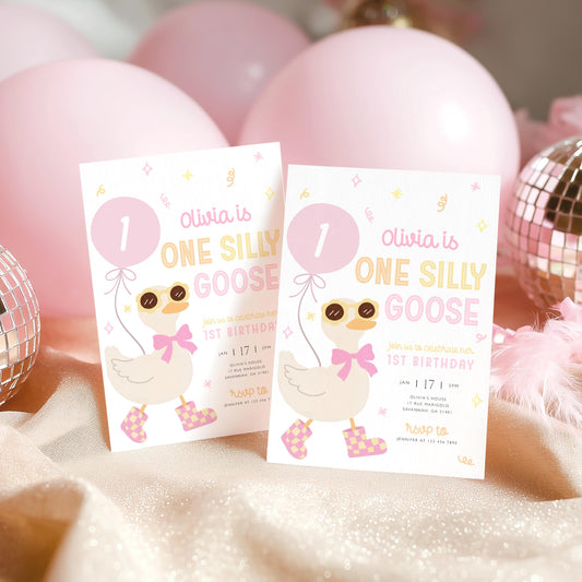1st birthday, one silly goose, pink, goose on the loose and one year 1st birthday invite for a personalized celebration