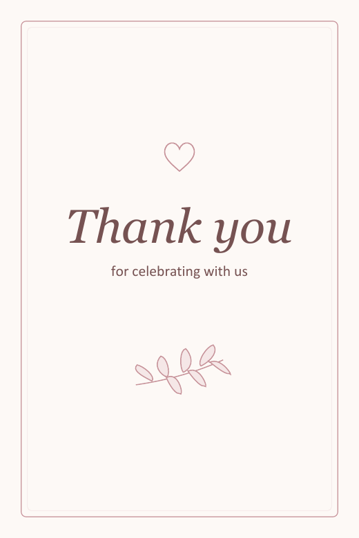 Blush thank-you card with a small heart and delicate leaf illustration