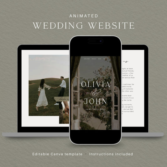 Olive green countryside wedding website template shown on a phone