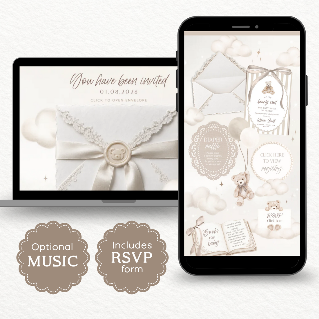 Baby shower website invitation shown on a phone and laptop