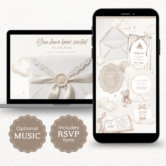 Baby shower website invitation shown on a phone and laptop