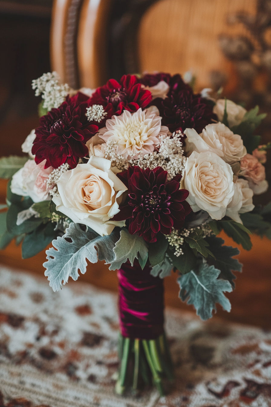 Burgundy and ivory wedding bouquet with blush roses, small white flowers and muted greenery.