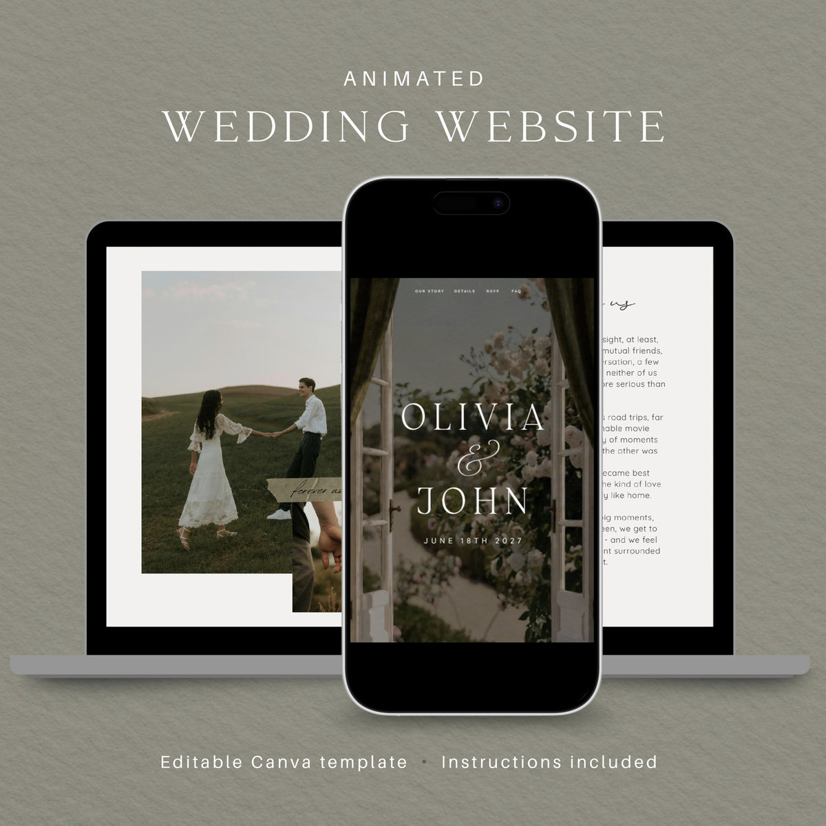 Olive green countryside wedding website template for Canva shown on a laptop and phone, with an animated cover for Olivia and John.