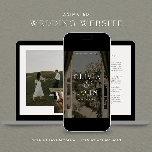 Olive green countryside wedding website template for Canva shown on a laptop and phone, with an animated cover for Olivia and John.