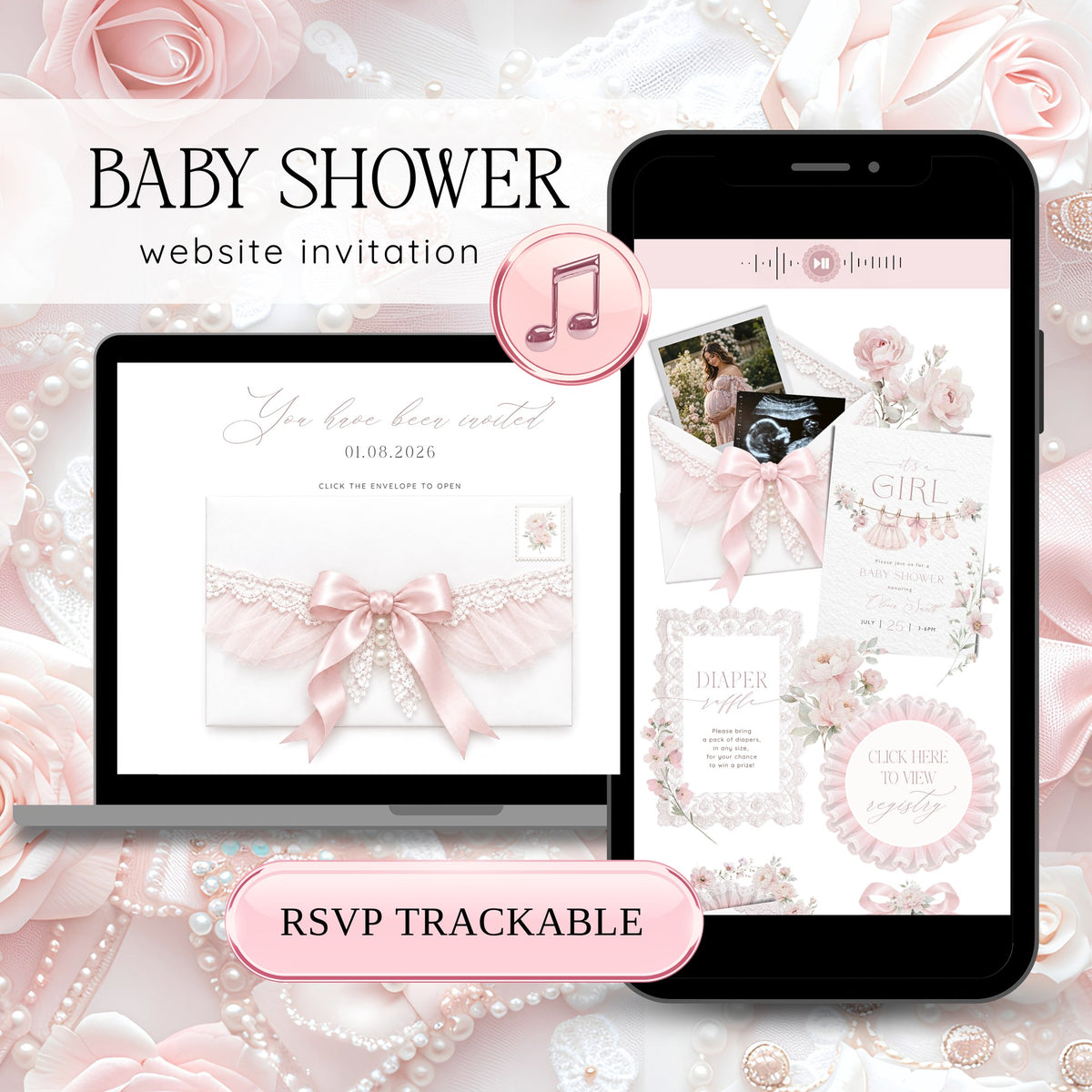 Pink bow baby shower website invitation template for Canva shown on a laptop and phone, with lace, pearls, roses and RSVP
