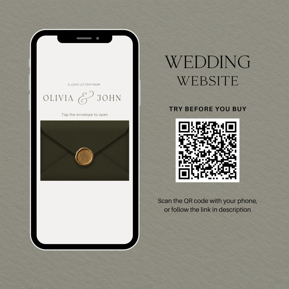 Try before you buy: wedding website demo on a phone with a QR code to preview the live olive green invitation.