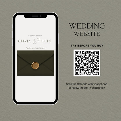Try before you buy: wedding website demo on a phone with a QR code to preview the live olive green invitation.