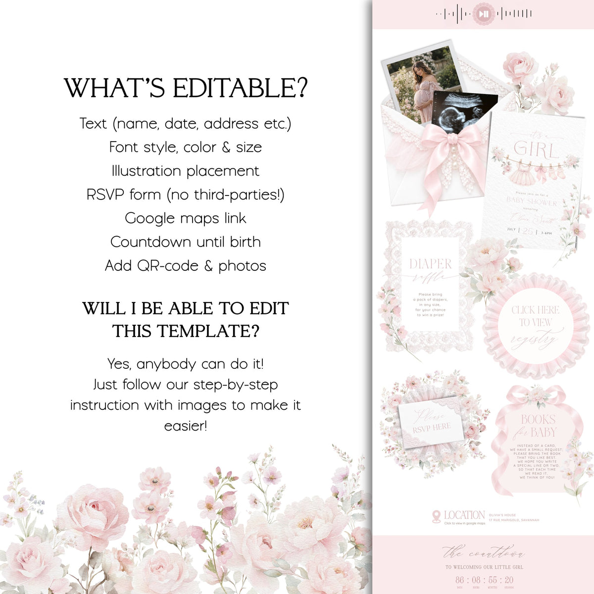 What's editable in the baby girl shower website template: text, fonts, colors, RSVP form, map link, countdown, QR code and photos