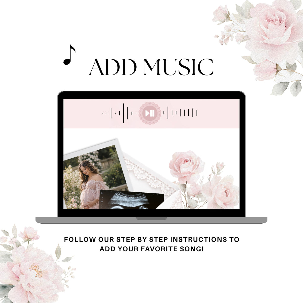 Add music to your baby shower website invitation, shown with a music player on a laptop