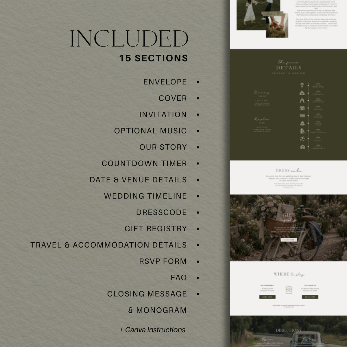 15 sections included in the countryside wedding website template, from the envelope and RSVP form to FAQ and monogram.