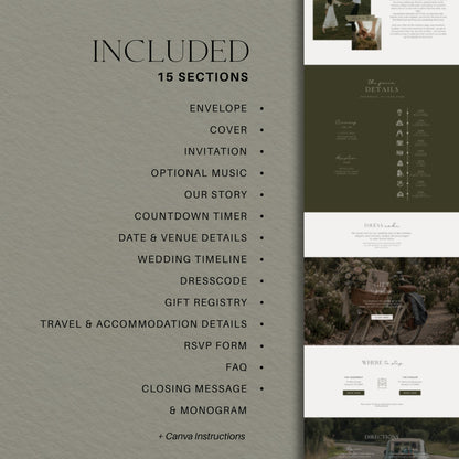 15 sections included in the countryside wedding website template, from the envelope and RSVP form to FAQ and monogram.