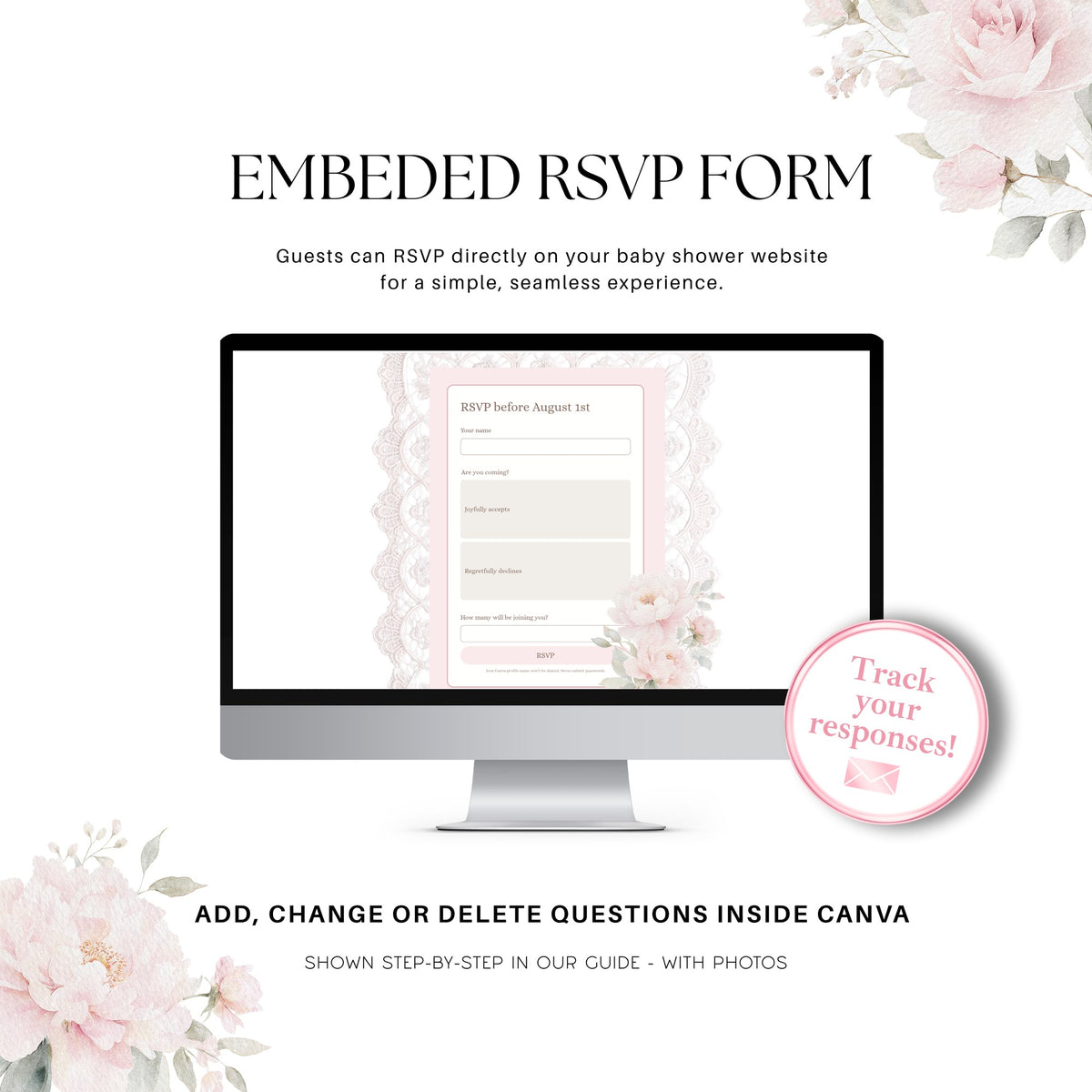 Built-in RSVP form on the baby shower website, where guests reply directly and you track responses in Canva