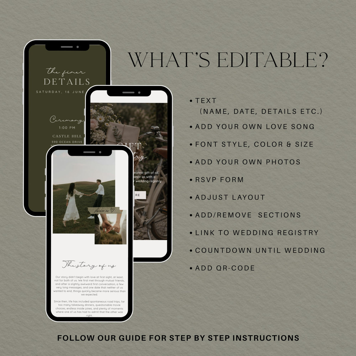 What's editable in the olive green wedding website: text, love song, photos, fonts, colors, RSVP form and registry link.
