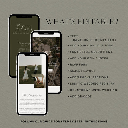 What's editable in the olive green wedding website: text, love song, photos, fonts, colors, RSVP form and registry link.