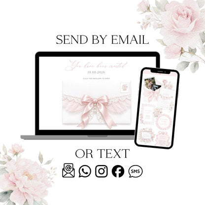 Send the digital baby shower invitation by email or text, shown on a laptop and phone