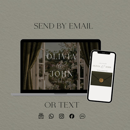 Olive green wedding website invitation on a laptop and phone, ready to send to guests by email or text.