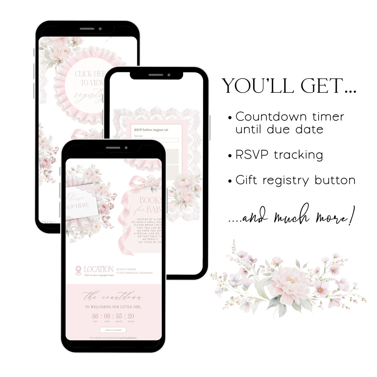 Pink baby shower website on three phones with countdown timer until due date, RSVP tracking and gift registry button