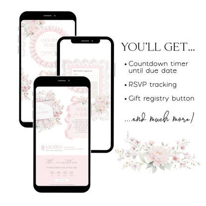 Pink baby shower website on three phones with countdown timer until due date, RSVP tracking and gift registry button