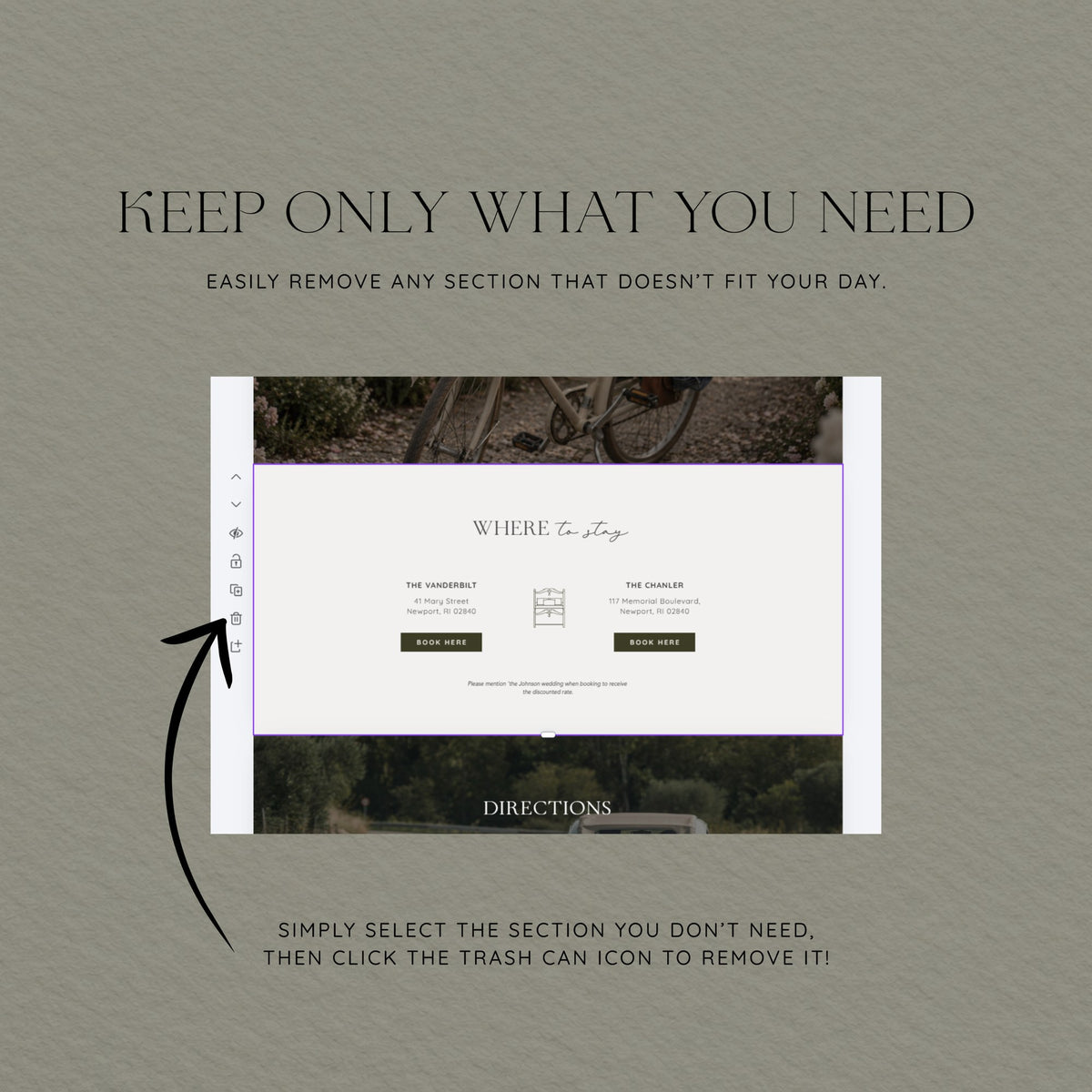 Remove any section you don't need from the Canva wedding website template with one click on the trash icon.