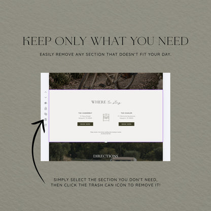 Remove any section you don't need from the Canva wedding website template with one click on the trash icon.