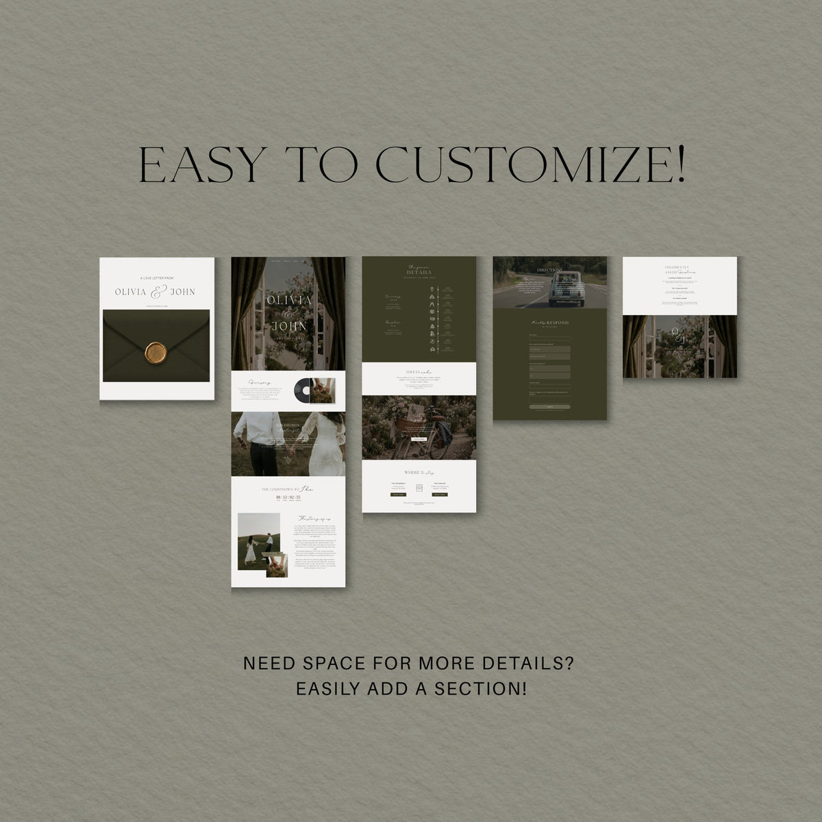 Easy to customize countryside wedding website pages in olive green, with room to add more sections for extra details.