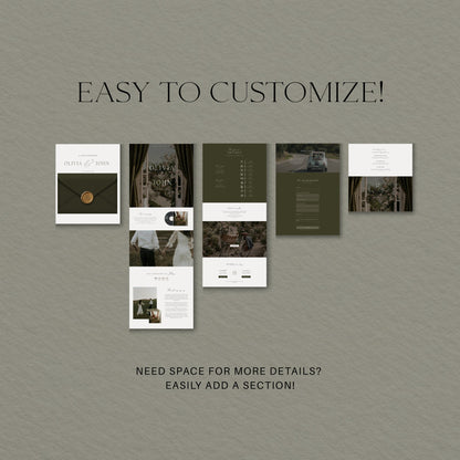 Easy to customize countryside wedding website pages in olive green, with room to add more sections for extra details.