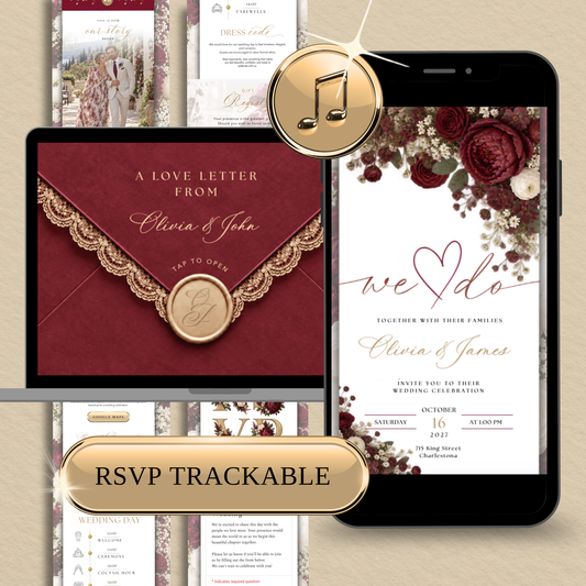 Burgundy floral wedding website invitation with a gold-trimmed envelope shown on a laptop and phone