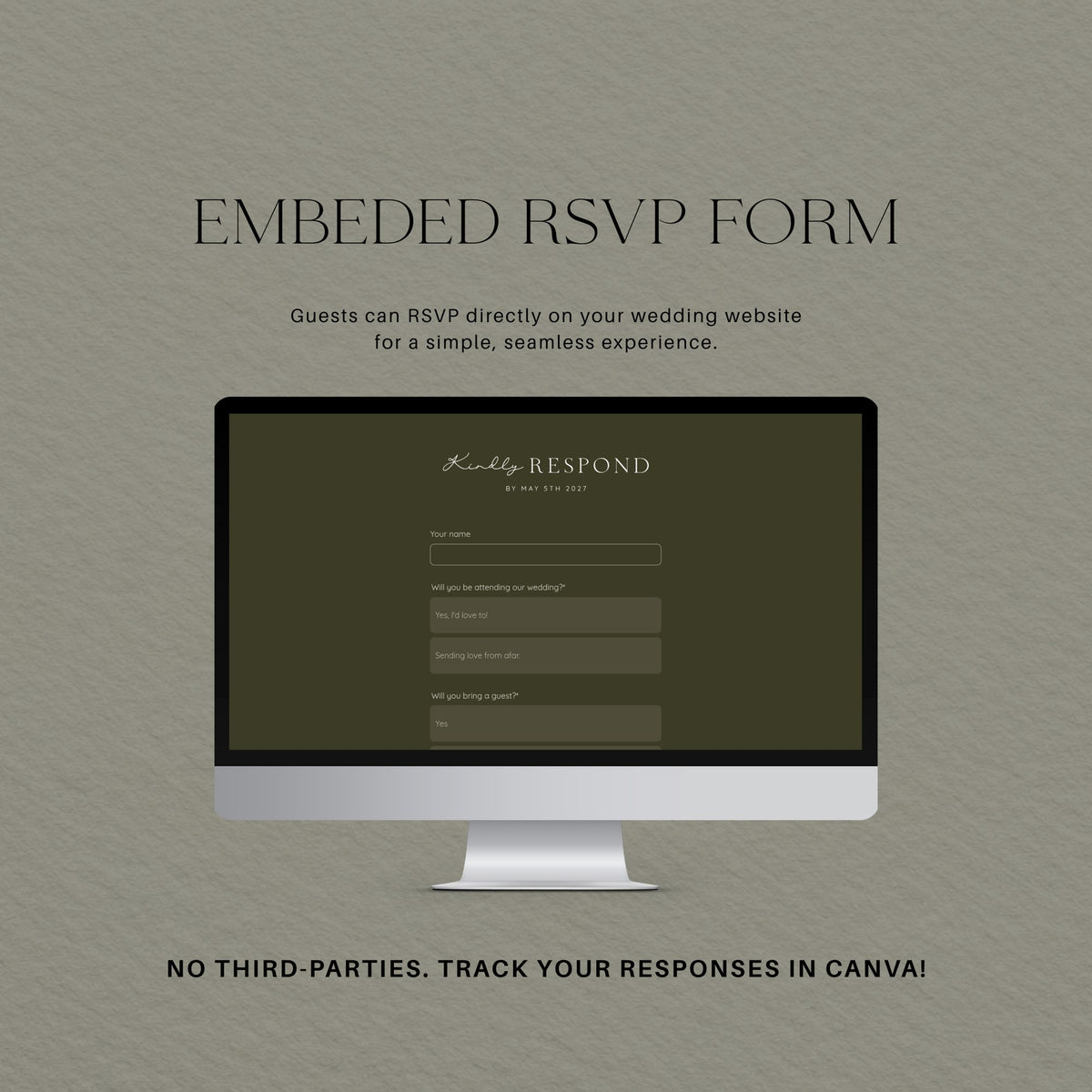 Embedded RSVP form on the olive green wedding website, so guests can reply without a Canva account.