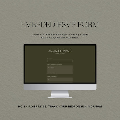 Embedded RSVP form on the olive green wedding website, so guests can reply without a Canva account.
