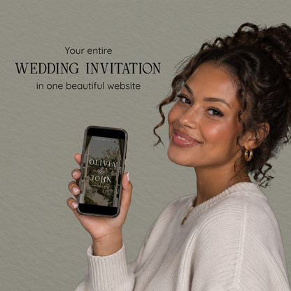 Smiling woman holding a phone that shows the olive green countryside wedding website invitation.
