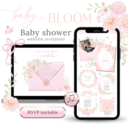 Pink floral Baby in Bloom baby shower website invitation on laptop and phone