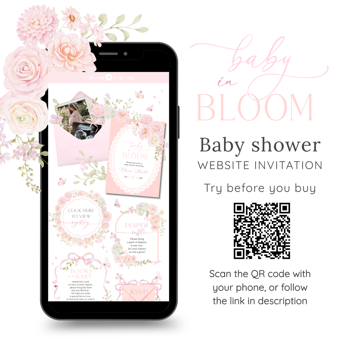 Try the Baby in Bloom website invitation demo before you buy