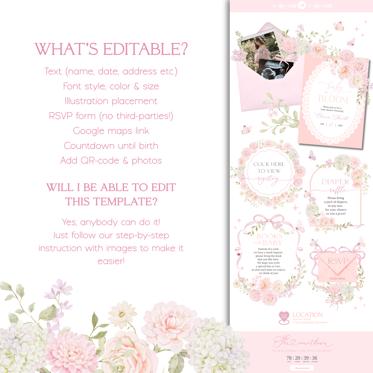 What's editable in the Baby in Bloom Canva website template