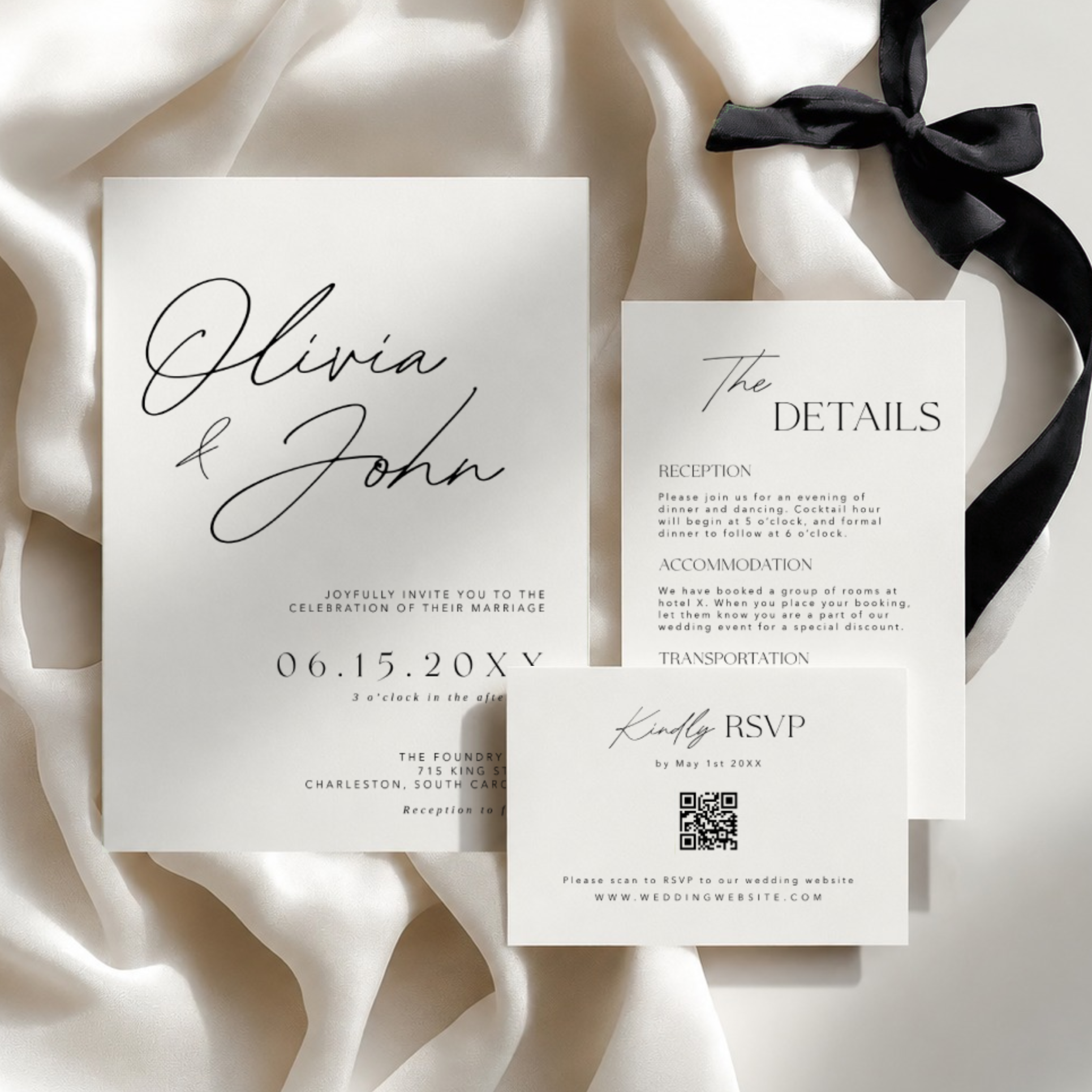 Minimalist black and white wedding invitation suite with RSVP and details card