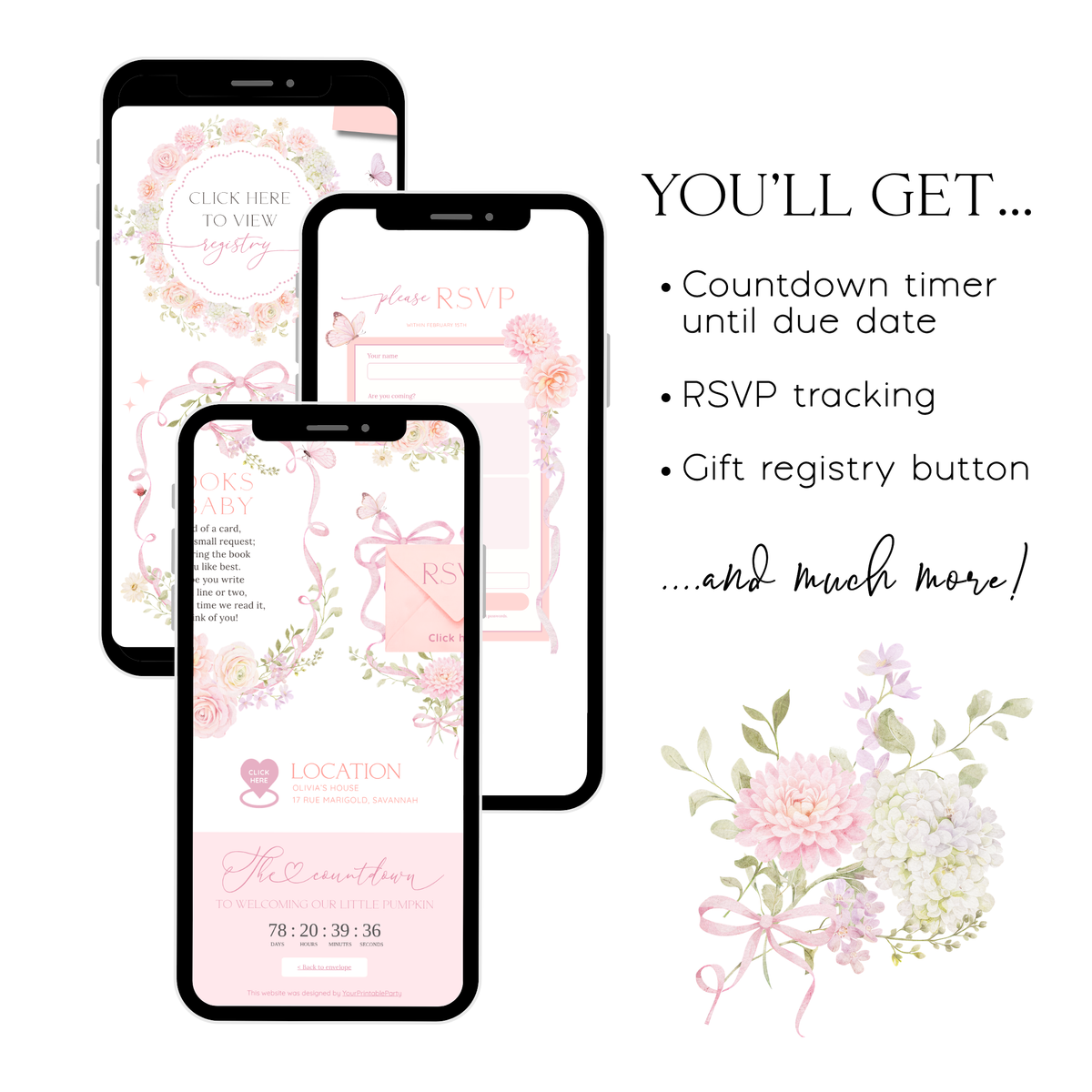 Countdown timer, RSVP tracking and gift registry button