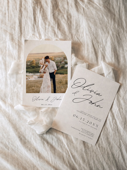 Minimalist editable wedding invitation with optional photo back design