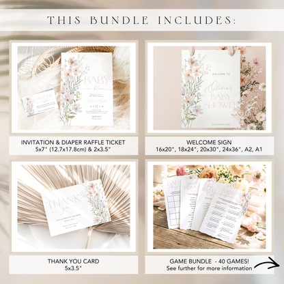 Floral baby shower bundle including invitation, welcome sign, games and favor tags