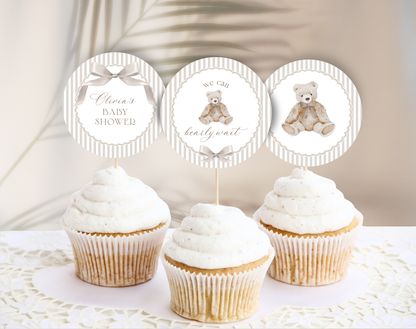 Editable We Can Bearly Wait cupcake toppers template teddy bear baby shower decor