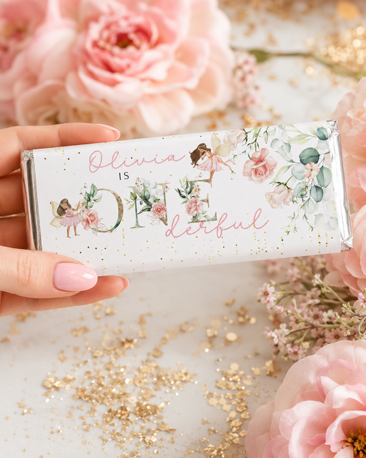 Editable fairy first birthday chocolate bar wrapper for a birthday girl celebration, printable candy bar favor label with pink roses and magical garden party details