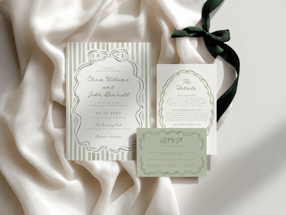 Sage Green Bow Wedding Invitation Set | Editable Canva Templates
